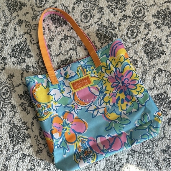 Lilly Pulitzer Handbags - Lilly Pulitzer Blue Floral Tote Bag with Orange Handles